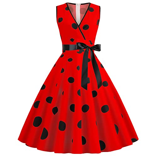 Wellwits Damen Sommer Big Polka Dots V Ausschnitt Wrap Vintage Kleid, rot, 36-38 von Wellwits