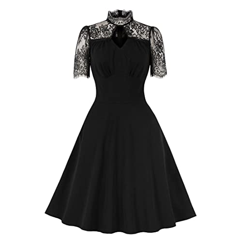 Wellwits Damen Stehkragen Diamantausschnitt Plissee vorne 1940er Jahre Vintage Kleid, Schwarze Spitze, 34-36 von Wellwits