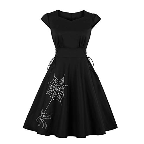 Wellwits Damen Stickerei Lace Up Gothic Schwarz Halloween Vintage Kleid - Schwarz - 46 Mehr von Wellwits