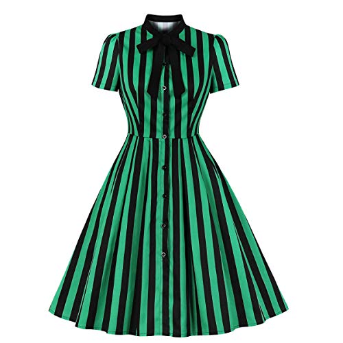 Wellwits Damen Streifen Print Tie Neck Pocket Vintage Button Down Hemdkleid - Gr�n - 42 Mehr von Wellwits
