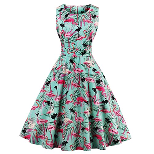 Wellwits Damen Tropical Leaf Flamingo Hepburn 1950er Vintage Swing Kleid - mehrfarbig - 38-40 von Wellwits