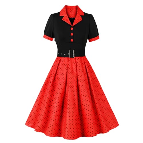 Wellwits Damen Übergröße Polka Punkte Cocktail 1950er Jahre Vintage Blazer Kleid Rot 4XL von Wellwits