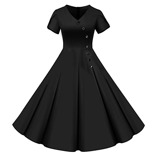 Wellwits Damen V-Ausschnitt Blütenblattärmel Knopfleiste Plissee Cocktail Vintage Kleid, Schwarz , 40-42 von Wellwits