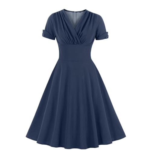 Wellwits Damen V-Ausschnitt Wrap Hohe Taille Solide Retro 40er 50er 60er Jahre Vintage Kleid, dunkelblau, 44-46 von Wellwits