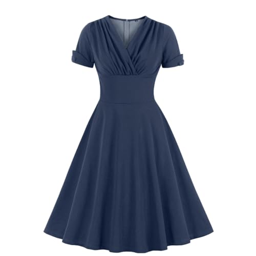 Wellwits Damen V-Ausschnitt Wrap Hohe Taille Solide Retro 40er 50er 60er Jahre Vintage Kleid, dunkelblau, 50-52 von Wellwits