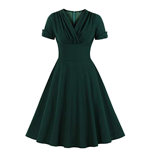 Wellwits Damen V Ausschnitt Wrap Hohe Taille Solide Retro 40er 50er 60er Vintage Kleid Gr. 34-36, dunkelgrün von Wellwits