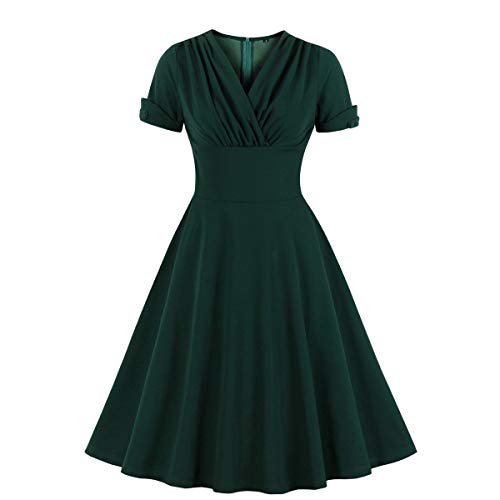 Wellwits Damen V-Ausschnitt Wrap Hohe Taille Solid Retro 40er 50er 60er Vintage Kleid, dunkelgrün, 40-42 von Wellwits