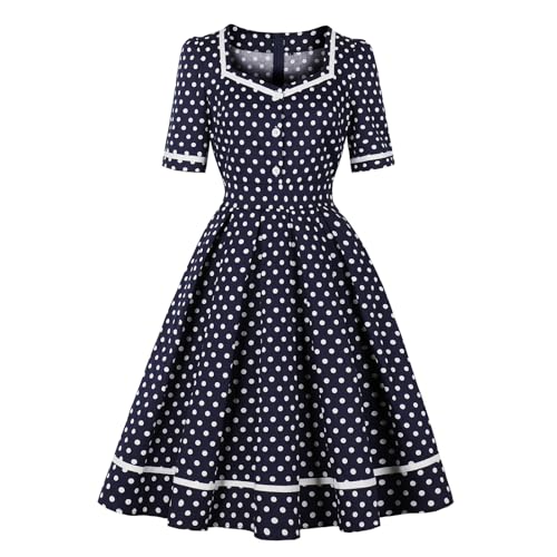 Wellwits Damen Weiße Einfassung Punkte 1950er Vintage Stil Cocktailkleid Seemann Blau M von Wellwits