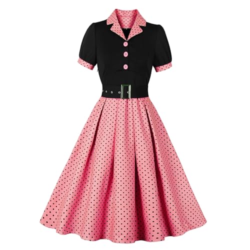 Wellwits Damen schwarzes Mieder Knopfleiste Polka Dots Plissee Arbeit Büro formelle Cocktail 1950er Vintage Blazer Kleid, dunkelrosa, 36-38 von Wellwits