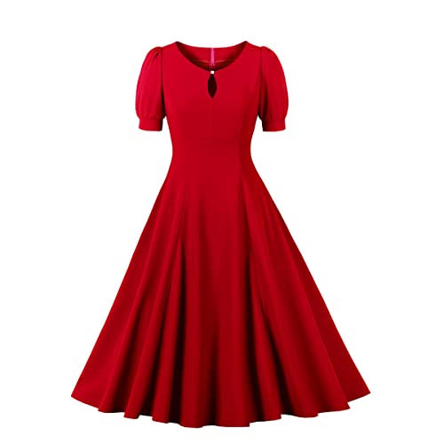 Wellwits Damenkleid im Stil der 1940er Jahre, mit Blasen-Ärmeln, Schlüsselloch, formelles Vintage-Kleid, rot, 42/44 von Wellwits