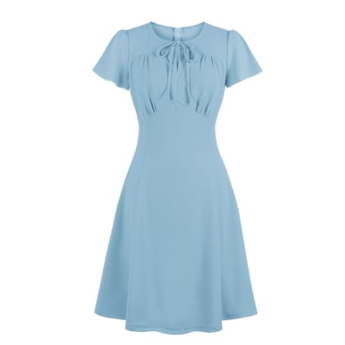 Wellwits Damenkleid mit gerüschter Fliege, A-Linie, 40er-Jahre-Stil, formelles Arbeitskleid, hellblau, 36-38 von Wellwits