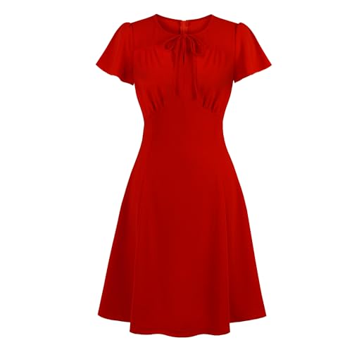 Wellwits Damenkleid mit gerüschter Fliege, A-Linie, 40er-Jahre-Stil, formelles Arbeitskleid, rot, 36-38 von Wellwits