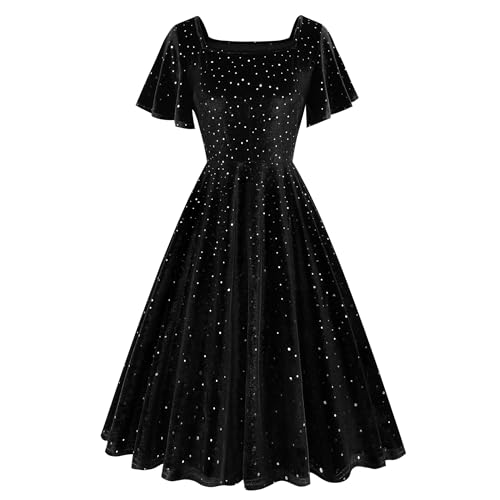 Wellwits Frauen Eckiger Ausschnitt Formale Cocktail Glitzer Samt Vintage Kleid Schwarz 2XL von Wellwits