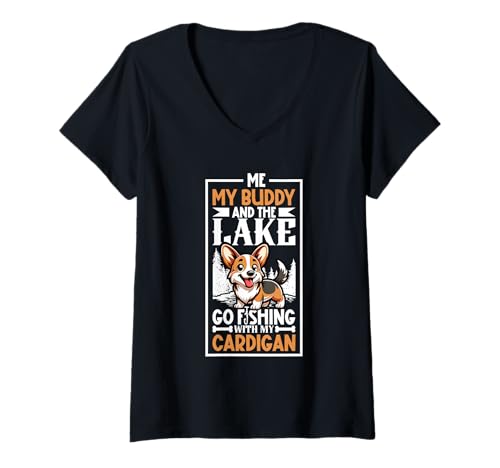 Damen Angeln und Welsh Corgi Cardigan T-Shirt mit V-Ausschnitt von Welsh Corgi Cardigan Designs