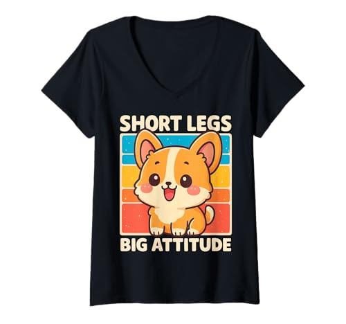 Damen Short Legs Big Attitude T-Shirt mit V-Ausschnitt Damen Short Legs Big Attitude T-Shirt mit V-Ausschnitt von Welsh Corgi Pembroke hund