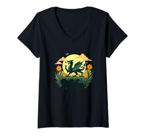 Damen Wales stolzer walisischer Drache T-Shirt mit V-Ausschnitt Damen Wales stolzer walisischer Drache T-Shirt mit V-Ausschnitt von Welsh Dragon: Wales Proud