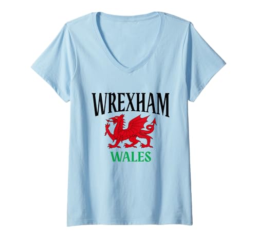Damen Wrexham Wales Cymru walisischer Drachenflagge Wrexham City Love T-Shirt mit V-Ausschnitt Damen Wrexham Wales Cymru walisischer Drachenflagge Wrexham City Love T-Shirt mit V-Ausschnitt von Welsh Heritage