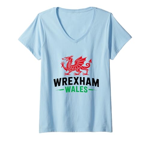 Damen Wrexham Wales Cymru walisischer Drachenflagge Wrexham City Love T-Shirt mit V-Ausschnitt Damen Wrexham Wales Cymru walisischer Drachenflagge Wrexham City Love T-Shirt mit V-Ausschnitt von Welsh Heritage