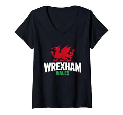 Damen Wrexham Wales Cymru walisischer Drachenflagge Wrexham City Love T-Shirt mit V-Ausschnitt Damen Wrexham Wales Cymru walisischer Drachenflagge Wrexham City Love T-Shirt mit V-Ausschnitt von Welsh Heritage