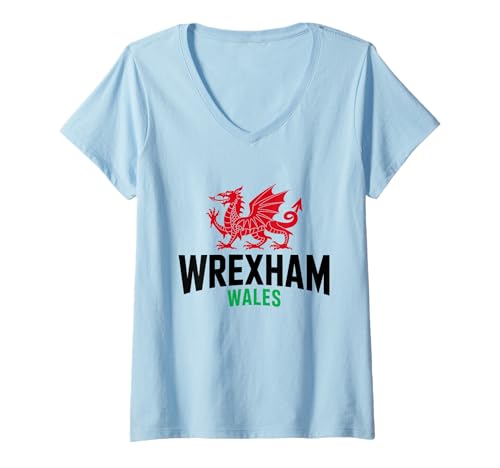 Damen Wrexham Wales Cymru walisischer Drachenflagge Wrexham City Love T-Shirt mit V-Ausschnitt Damen Wrexham Wales Cymru walisischer Drachenflagge Wrexham City Love T-Shirt mit V-Ausschnitt von Welsh Heritage