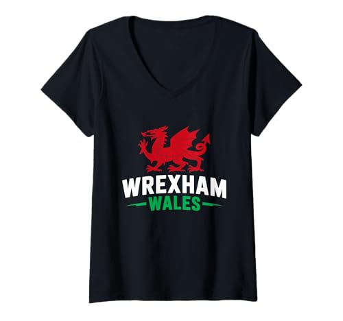 Damen Wrexham Wales Cymru walisischer Drachenflagge Wrexham City Love T-Shirt mit V-Ausschnitt Damen Wrexham Wales Cymru walisischer Drachenflagge Wrexham City Love T-Shirt mit V-Ausschnitt von Welsh Heritage