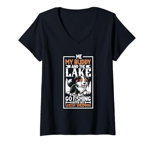 Damen Angeln und Welsh Sheepdog T-Shirt mit V-Ausschnitt Damen Angeln und Welsh Sheepdog T-Shirt mit V-Ausschnitt von Welsh Sheepdog Designs