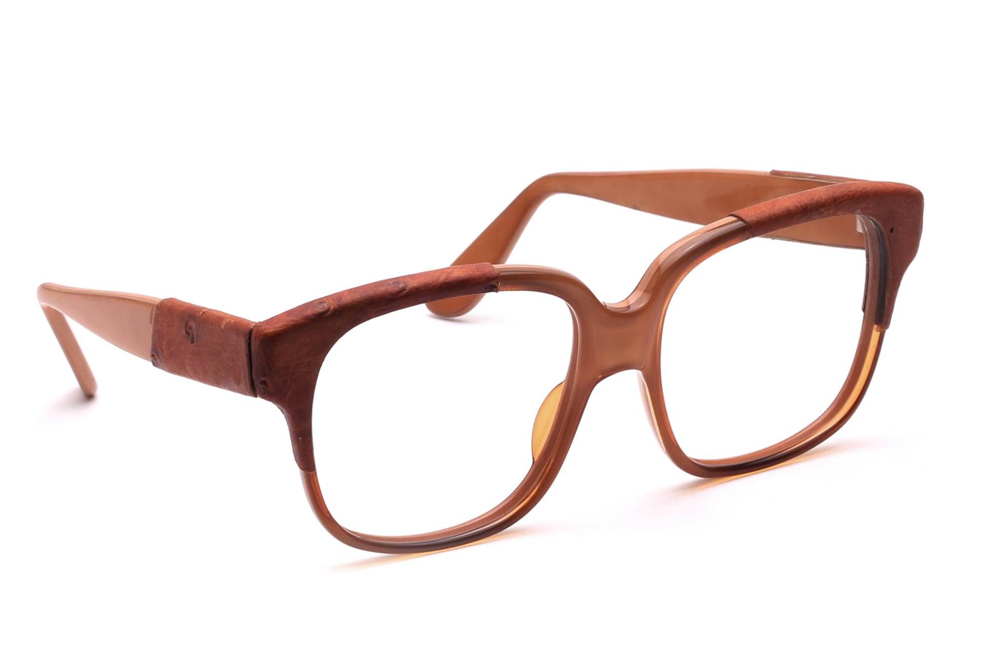 80Er Jahre Vintage Oversize Brille Damen in 55-20 Mm Acetat Eckig Hellbraun Mit Braunem Lederimitat #01/25 von Weltderbrille