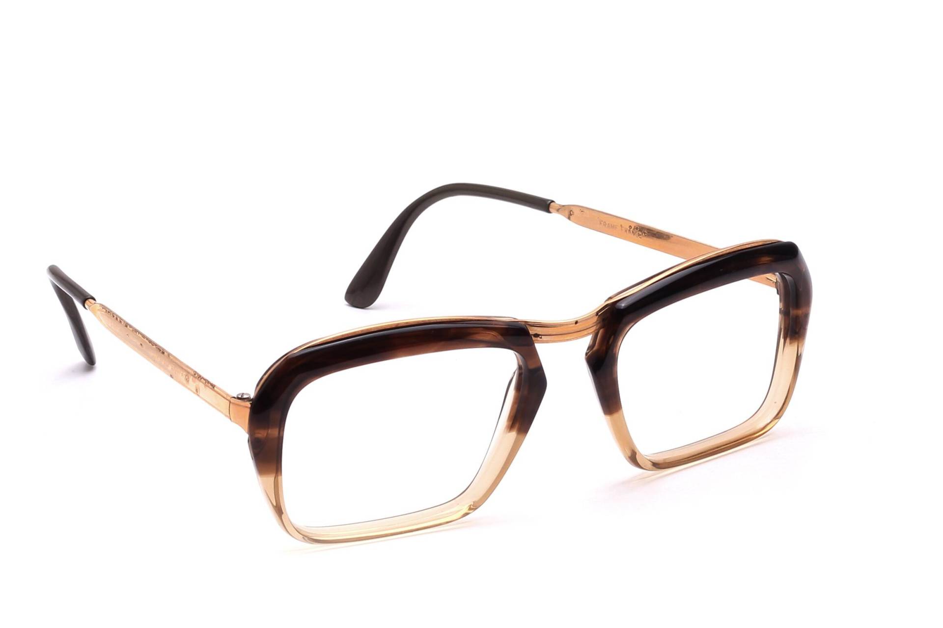 Eckige Vintage Herren 70Er Jahre Brille Von Valois 50mm in Transluzentem Acetat Beige Und Braun Mit Bügel Gold Fashion Style #11/24-2 Nos von Weltderbrille