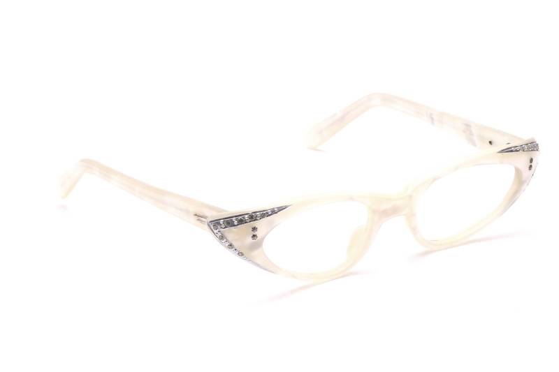 Vintage 50Er Jahre Cat Eye Damen Brille Fassung Pearl White Strass Perlmutt Weiß Pin Up Rockabilly Diva Boho Nos von Weltderbrille