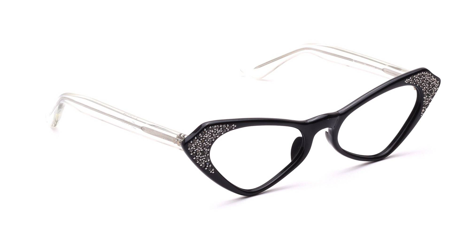 Vintage Cat Eye Brille Damen 50Er Jahre Original Schwarz Strass Kristall 44-18mm Diva Glasses Butterfly Selecta von Weltderbrille