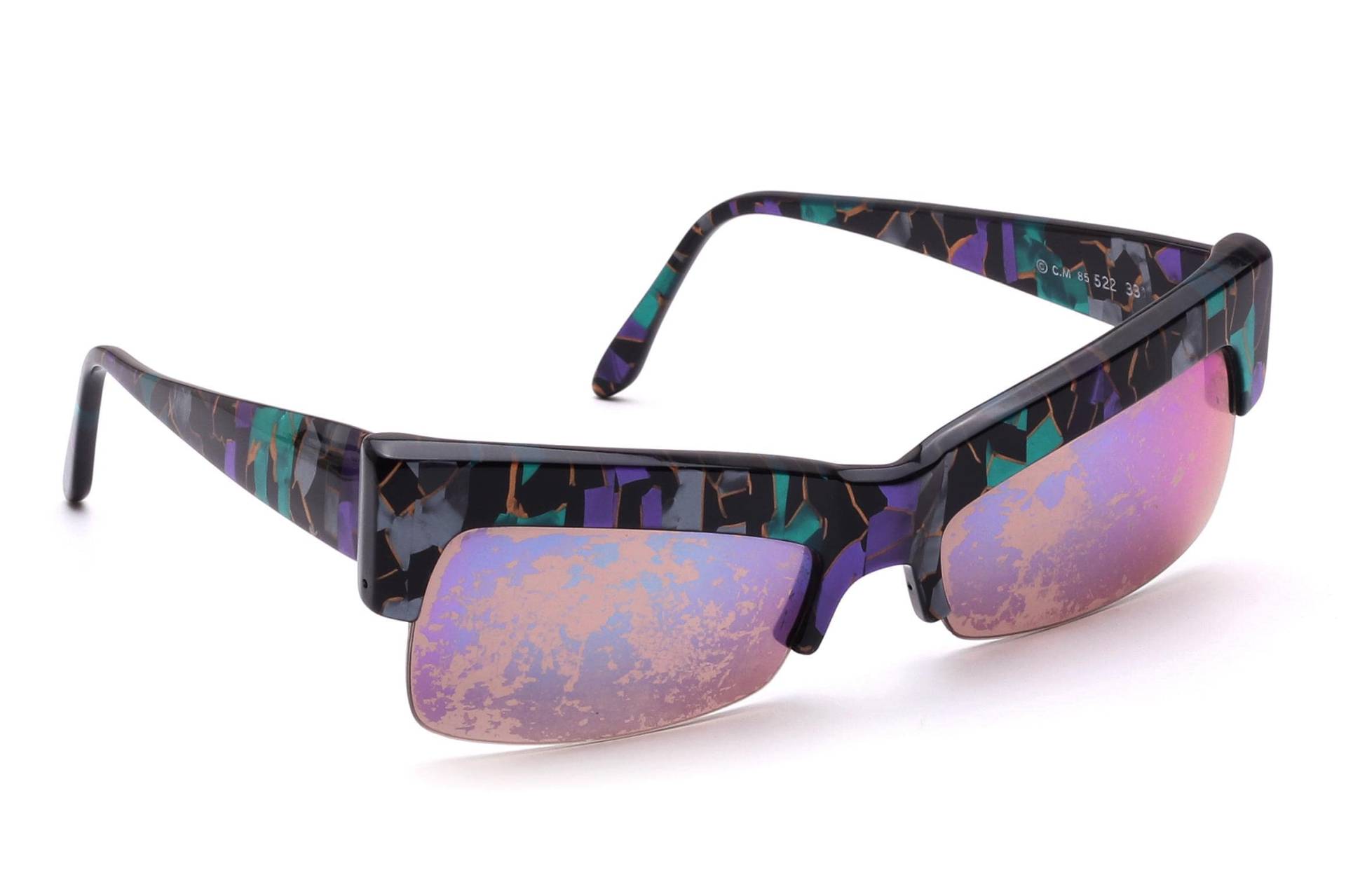 Vintage Sonnenbrille 80Er Jahre Damen Cat Eye Eckig Claude Montana/Mikli Mod. 85 522 Schwarz Grün Lila Gold Original France Nos Mode #am1 von Weltderbrille