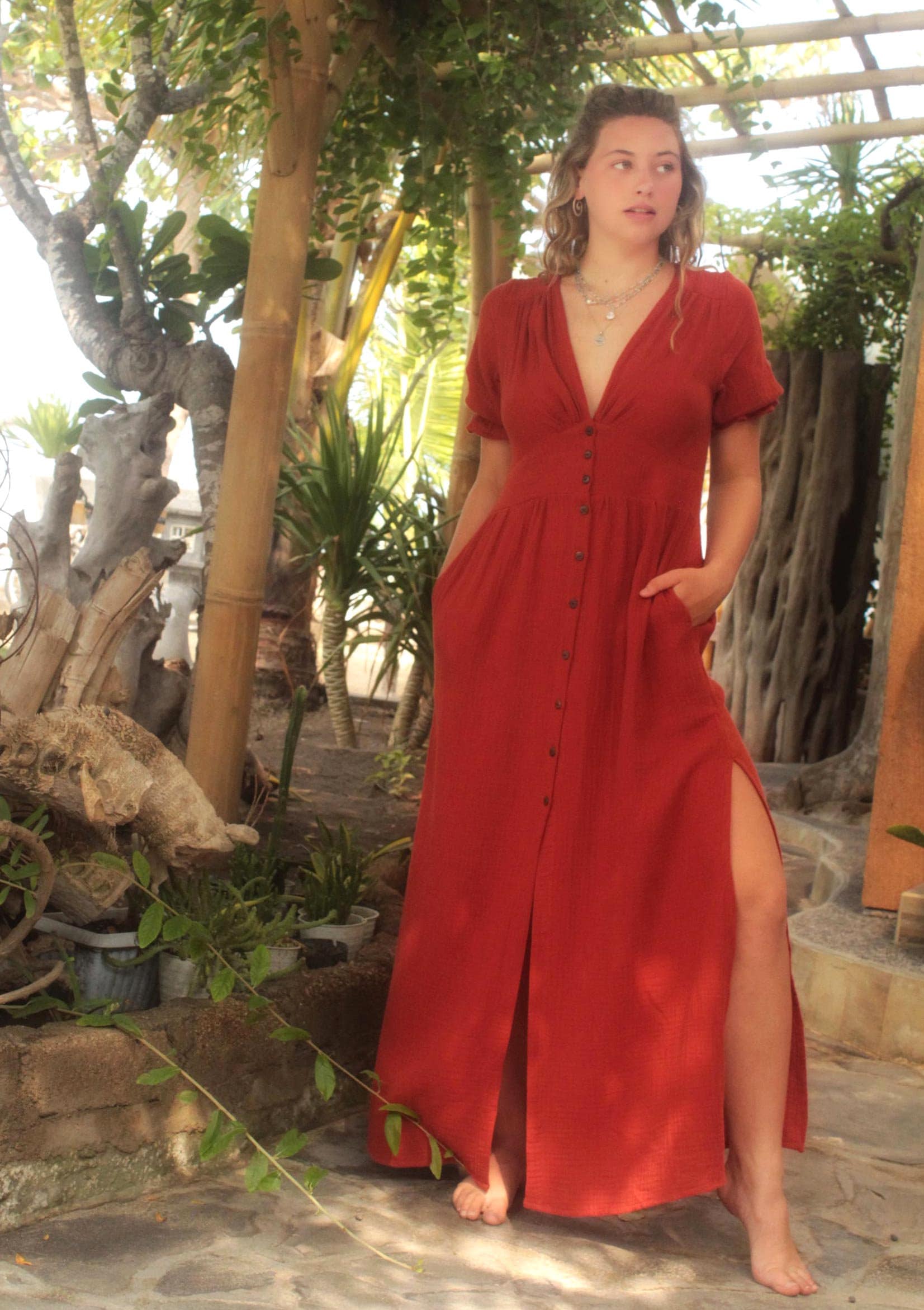 Boho Maxi Dress With Buttons Ochre-Red Made Of Soft Muslin Cotton, Short Sleeved Summer Long, Button Down Boho Maxi Dress With Buttons Ochre-Red Made Of Soft Muslin Cotton, Short Sleeved Summer Long, Button Down von WeltentaenzerBerlin