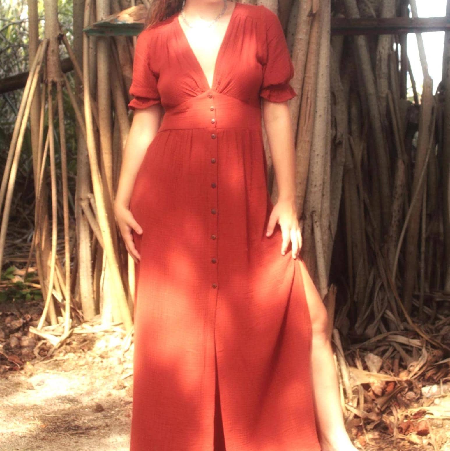 Boho Maxi Dress With Buttons Ochre-Red Made Of Soft Muslin Cotton, Short Sleeved Summer Long, Button Down von WeltentaenzerBerlin