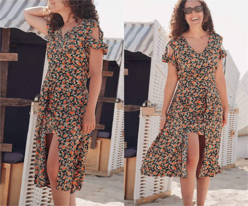 Boho Summer Dress Midi Cut Outs Green Floral Print/ Ibiza Sun Asymmetrical, Modern Hippie Chic Front Short Back Long, Hipster von WeltentaenzerBerlin