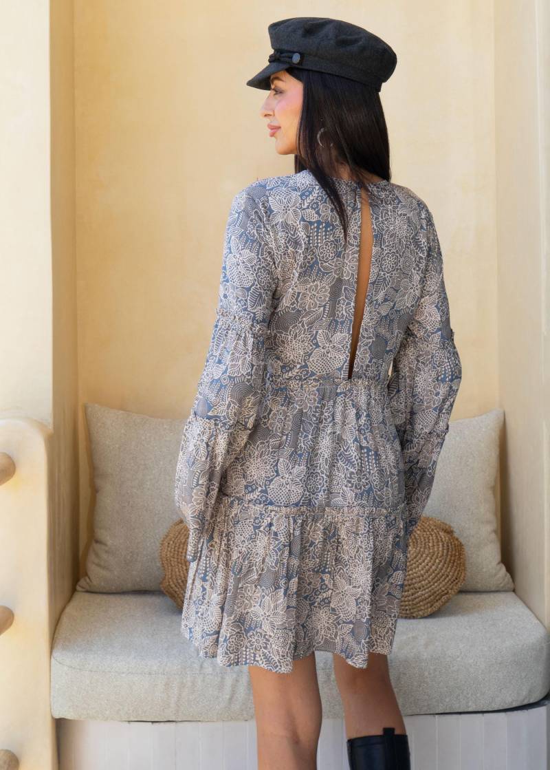 Boho Tunic Dress Deep Back Neckline, 90S Floral Babydoll Dress, Grunge Loose Back Slit With Long Bell Sleeves von WeltentaenzerBerlin