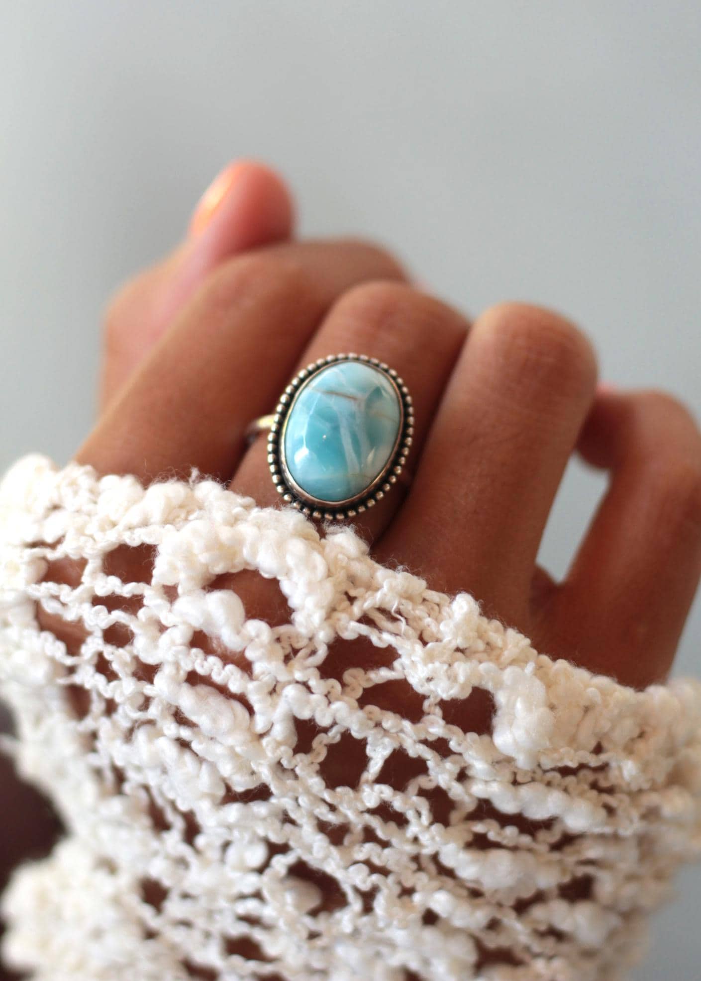 Chunky Oversized Larimar Ring 925 Sterling Silver, Gemstone Statement Ring, Boho Light Blue, Ocean Beach Jewelry, Gift For Her Size 61 von WeltentaenzerBerlin