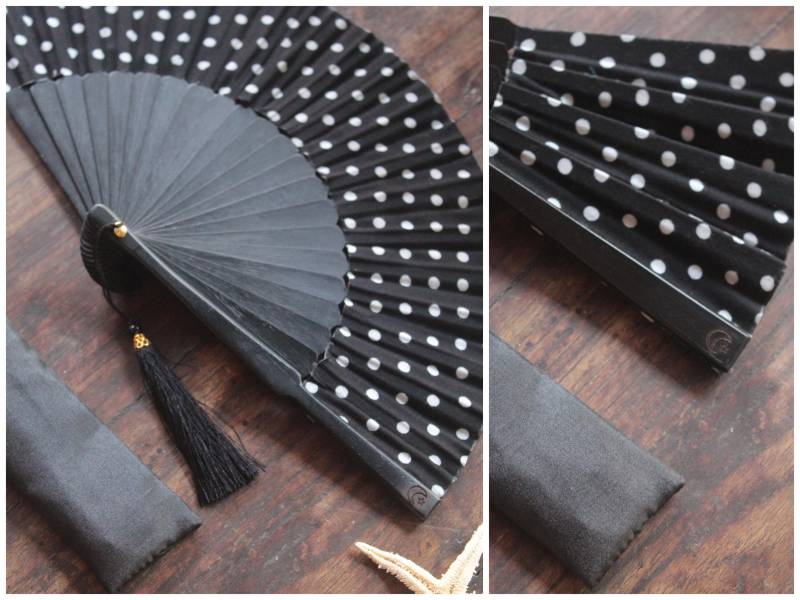 Ibiza Style Party Polka Dot Black Foldable Hand Fan Handmade in Bali With A Pouch & Tassels/ Christmas Gift For Her/Fair & Sustainable von WeltentaenzerBerlin