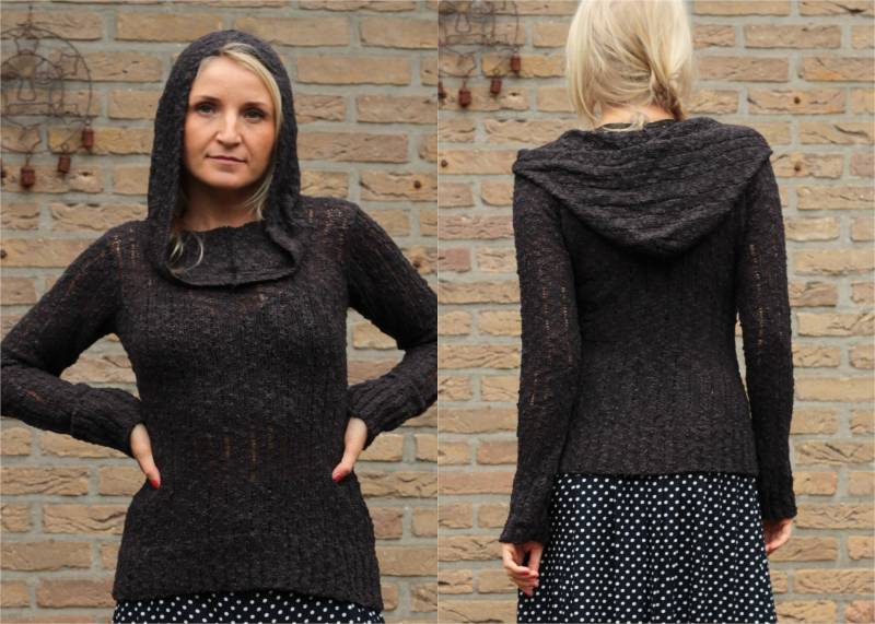 Knitted Hoodie Woman Black. Boat Neck Sweater With Hood, Hippie Hooded Sweater, Bohemian Shirt Chunky Knit Hoodie Fall Winter von WeltentaenzerBerlin
