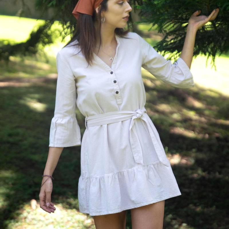 Linen Fall Dress Beige, Minimalist Linen Dress, Boho Tunic With Belt, Lightweight Cotton Women Neutral Color von WeltentaenzerBerlin