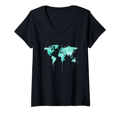 Damen Weltkarte Watercolor Kontinente türkis T-Shirt mit V-Ausschnitt Damen Weltkarte Watercolor Kontinente türkis T-Shirt mit V-Ausschnitt von Weltkarte Kontinente Watercolor Style