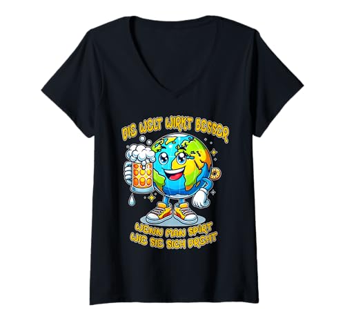 Damen Die Welt wirkt besser lustiges Bier Comic Motiv T-Shirt mit V-Ausschnitt Damen Die Welt wirkt besser lustiges Bier Comic Motiv T-Shirt mit V-Ausschnitt von Weltkugel Bier Comic Design