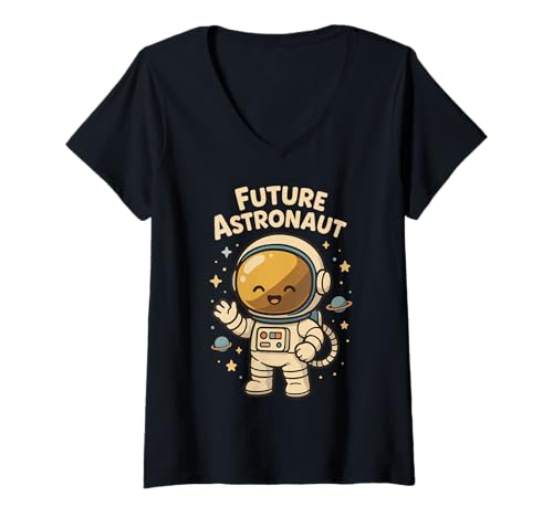 Damen Niedlicher Future Astronaut Cartoon Design T-Shirt mit V-Ausschnitt Damen Niedlicher Future Astronaut Cartoon Design T-Shirt mit V-Ausschnitt von Weltraum Abenteuer Astronaut Kinder Spaß