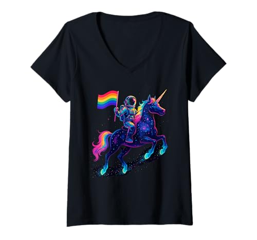 Damen Astronaut Reitet Einhorn Mit Regenbogenflagge T-Shirt mit V-Ausschnitt Damen Astronaut Reitet Einhorn Mit Regenbogenflagge T-Shirt mit V-Ausschnitt von Weltraum Einhorn Regenbogen Liebe Astronaut