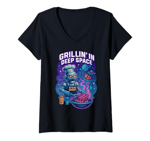 Damen Grillin' In Deep Space Byte My Brisket T-Shirt mit V-Ausschnitt Damen Grillin' In Deep Space Byte My Brisket T-Shirt mit V-Ausschnitt von Weltraum Grill Robot Koch Kochkunst Universum