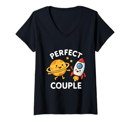 Damen Perfektes Paar Planet Rakete Astronomie T-Shirt mit V-Ausschnitt von Weltraum Liebe Planeten Raketen Humor Designs
