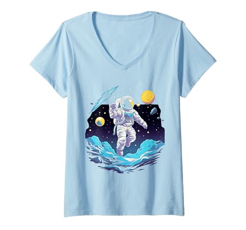 Damen Weltraum Rakete und Astronaut Raumschiff Kinder T-Shirt mit V-Ausschnitt von Weltraum und kosmische Sterne Outfits für Kinder