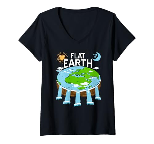 Damen Flache Erde Witz Meme Planet Theorie Wasserfall T-Shirt mit V-Ausschnitt von Weltraumfans Satirische Verschwörungsliebhaber