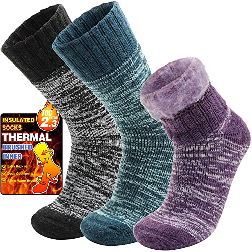 Thermosocken Warme Wintersocken Dicke Kuschelsocken Skisocken Arbeitssocken Atmungsaktiv Outdoorsocken Weihnachtssocken Damen Herren Socken Geschenke Weihnachten Winter Christmas Socks(Lila,M) von Welwoos