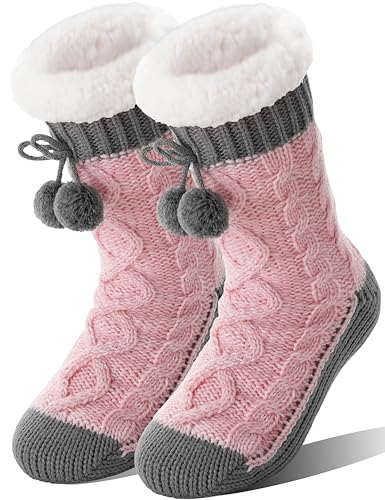Welwoos Damen Kuschelsocken Stoppersocken Warme Rutschsichere Dicke Hausschuhe Socken Winter Hüttensocken Flauschig Geschenk Weihnachtssocken (Grau Rosa) von Welwoos