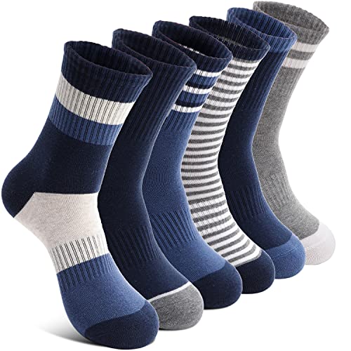 Welwoos Kinder Jungen Socken Sportsocken Atmungsaktiv Laufsocken Kompressions Baumwolle Geschenke Kindersocken 6 Paare(Grau Blau, 9-15 Jahre) von Welwoos